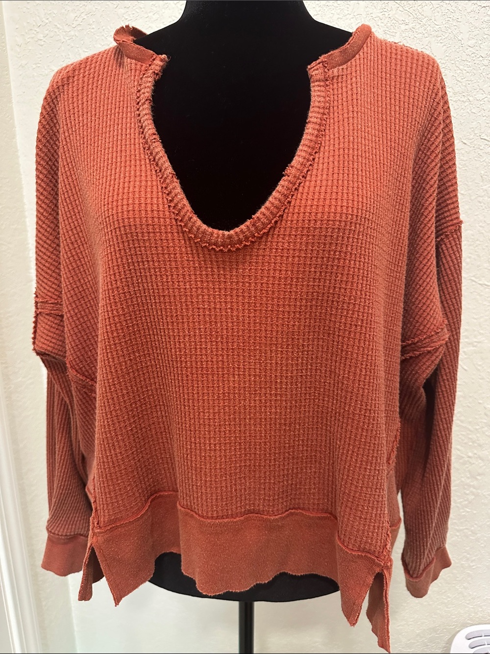 We The Free Rust Textured Waffle V-Neck Sweater Oversized and Distresed